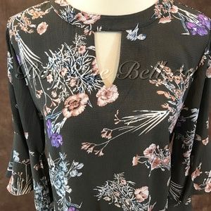 Grey Floral Print Top; Keyhole Cutout; Bell Sleeve